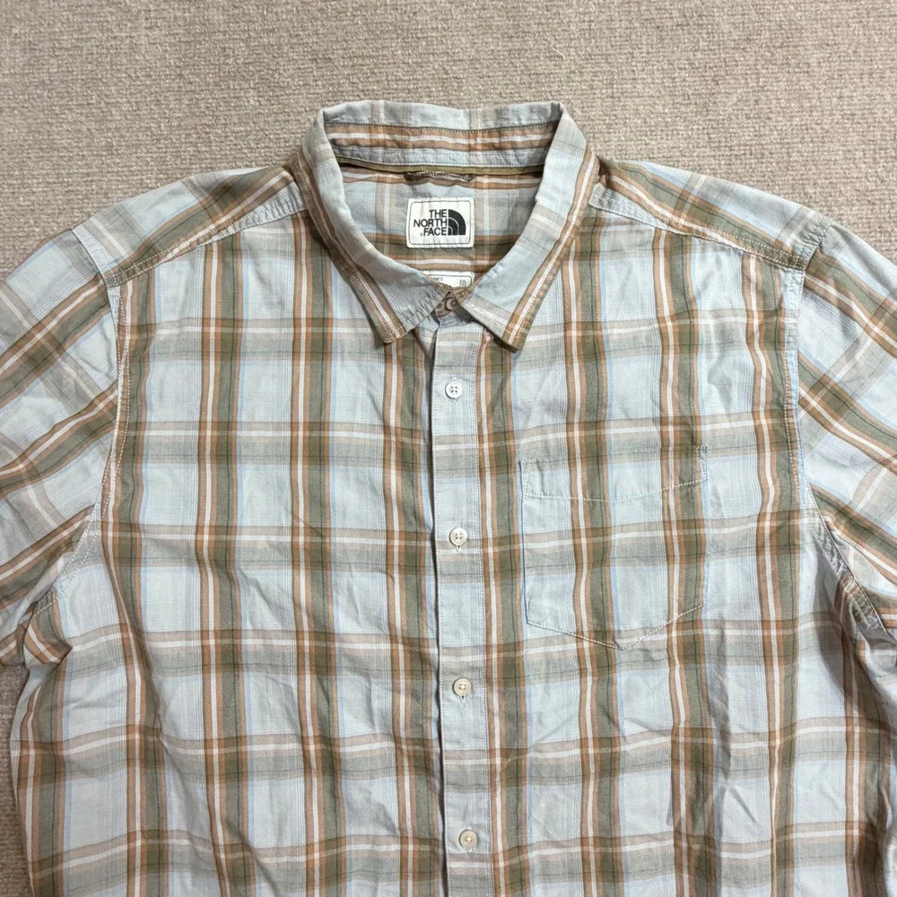 vtg The North Face Mens XXL Plaid SS Button Down Shirt Brown Blue Outdoor